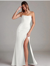 Azazie White Chiffon Strapless Ruched Maxi Dress Slit Formal Wedding Size 10