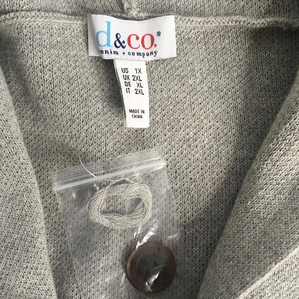 Cárdigan con Capucha Denim & Co Para Mujer 1X Gris Largo Botón Frontal Suéter Bolsillos Foto 3 de 4