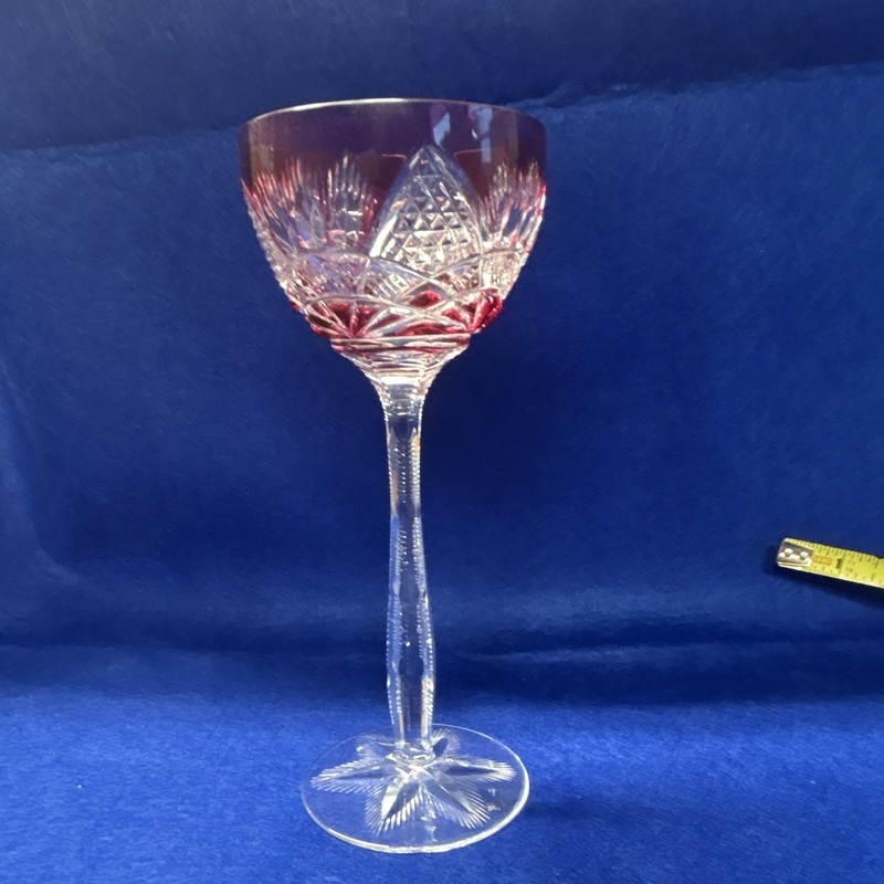 Val St Lambert Red/Clear Cut Crystal Stemmed Champagne