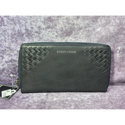 Union Code Black Leather RFID Zip Around Wallet Woven Accents NWT