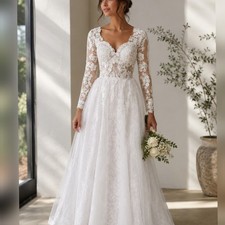 Unbranded long Sleeve sweetheart Neck White tulle and lace Wedding Dress sz 8