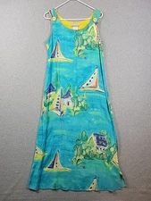 Nino Wong Turquoise Sailboat Beachy Sleeveless Maxi Sundress Womens Small Pocket
