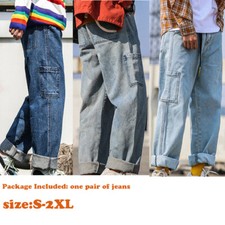 Jeans Uomo Dritti a Gamba Larga Baggy Cargo in Denim Pantaloni Pesanti Casual