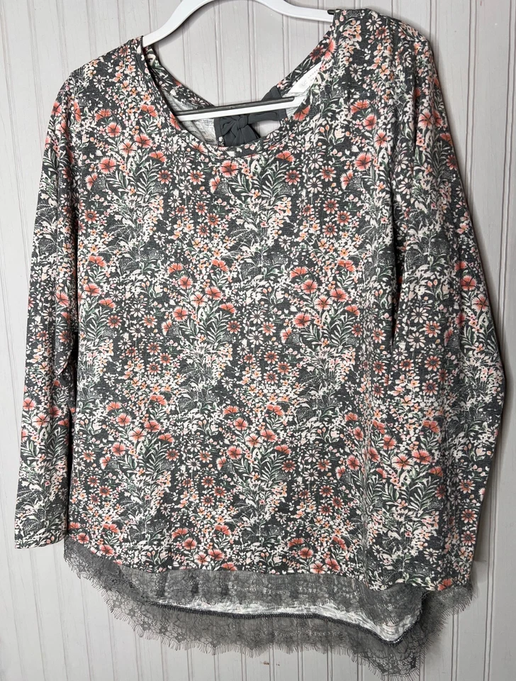 Lauren Conrad женщин TOP XXL серый Corral цветочный кружева отделки галстук-бабочка