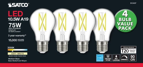 4 Pack LED Clear Filament Bulbs 120V 10.5W =75W A19 Medium E26 3000K Soft White - Picture 7 of 8