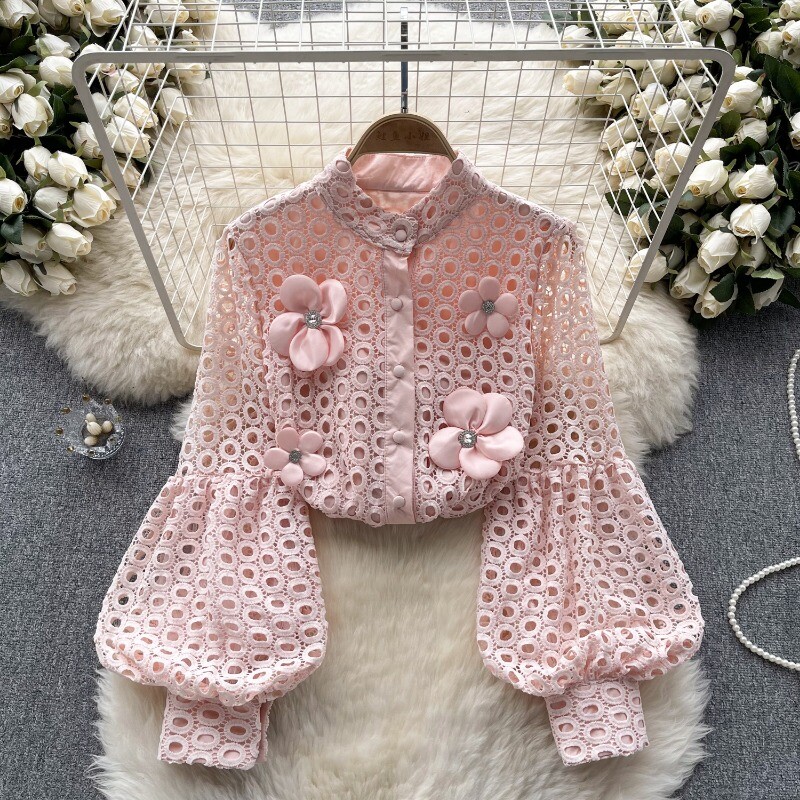 Lady Hollow Out Blouse Shirt Tops Puff Sleeve Flower Lace Button