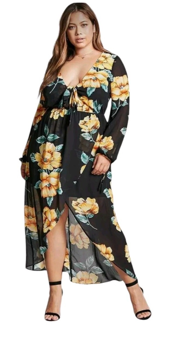 Forever 21 Chiffon Sheer Maxi Dress Sz 1x Floral Sz Black