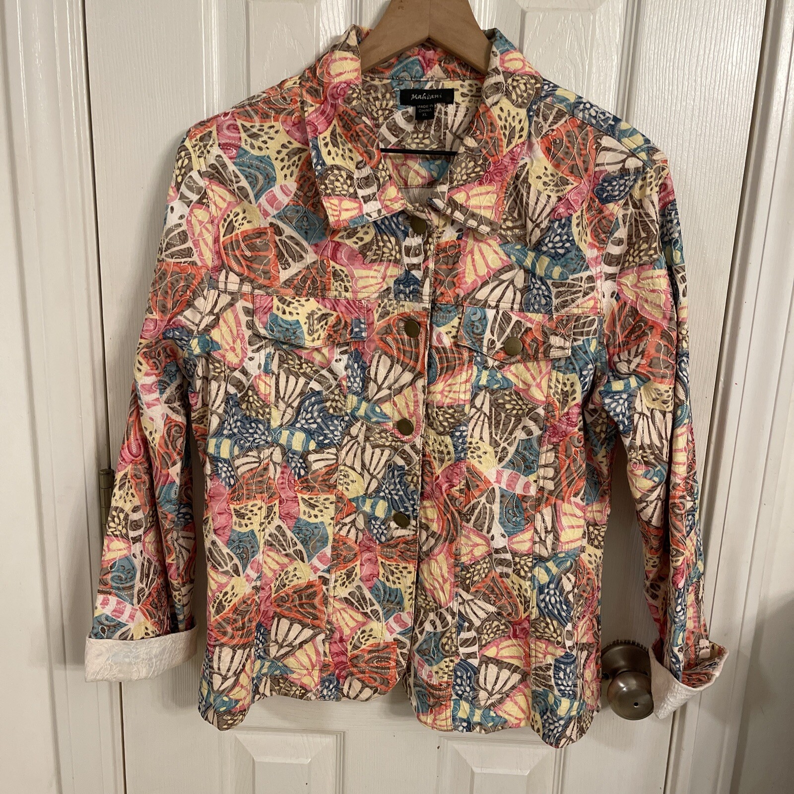 Mahtani Womens Jean Jacket Sz XL Multi Color Floral Paisley Button Front Y2K