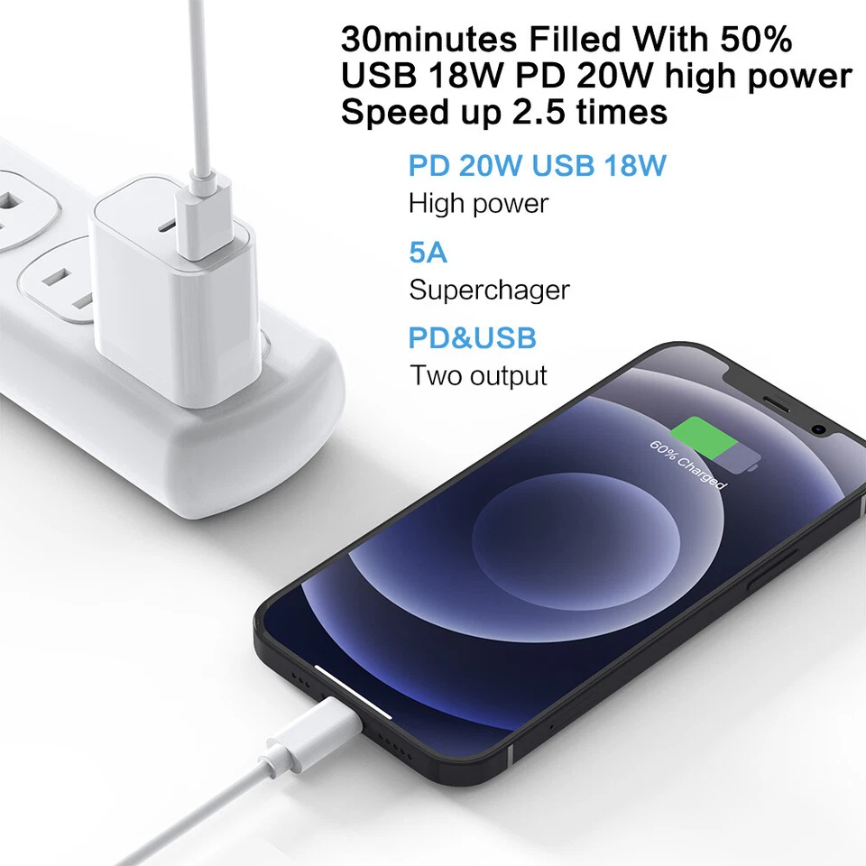 For iPhone 11/12/13/14 Pro Max XR 8 Fast Charger 20W PD Cable Cord Power Adapter - Image 3 of 4