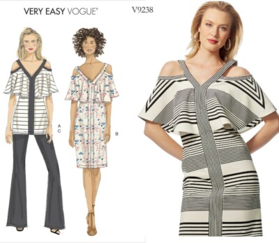 Easy Vogue Pattern Misses Cold Shoulder Top/Dress, Flared Pants V9238 6-14/14-22