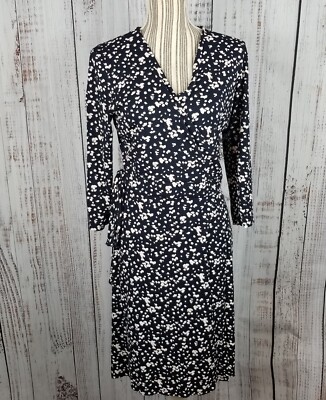 HOBBS London Wrap Soft Jersey Dress Navy & White 3/4 Sleeve Stretch Size 8
