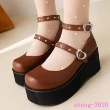 Women's Platform Buckle Rivets High Wedge Heel Shoes Casual College Lolita Dress