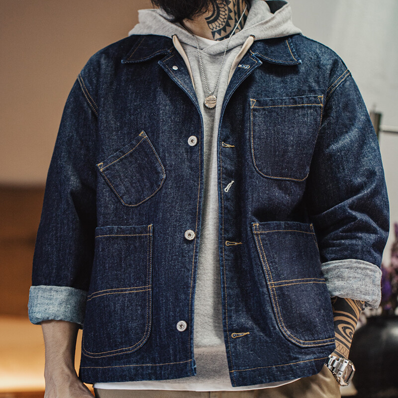 【古着リメイク】Euro Denim Work Coat (Unisex) Retro Men's Autumn Amekaji Denim Jackets Lapel Multi Pocket