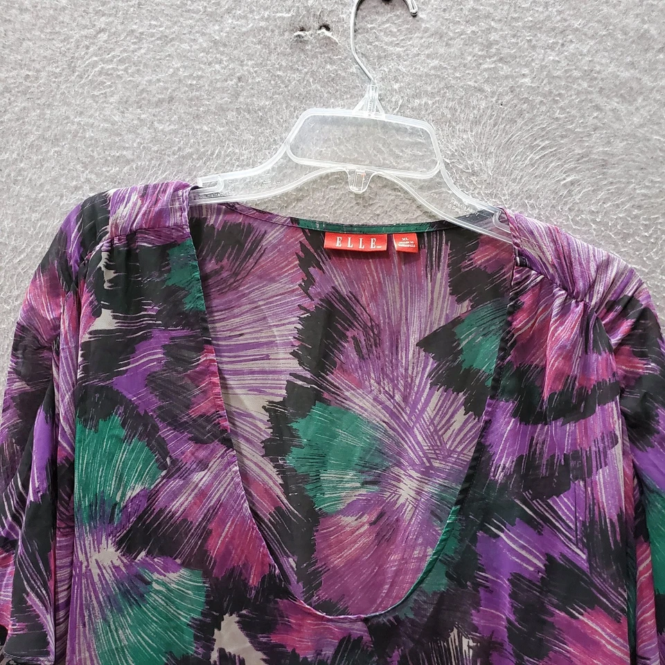 Blusa floral morada XL de Elle para mujer con lazo lateral transparente mangas acanaladas cuello redondo Foto 3 de 4