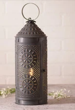 18" Chimney Lantern Lamp In Kettle Black with Punched Tin Chisel Design