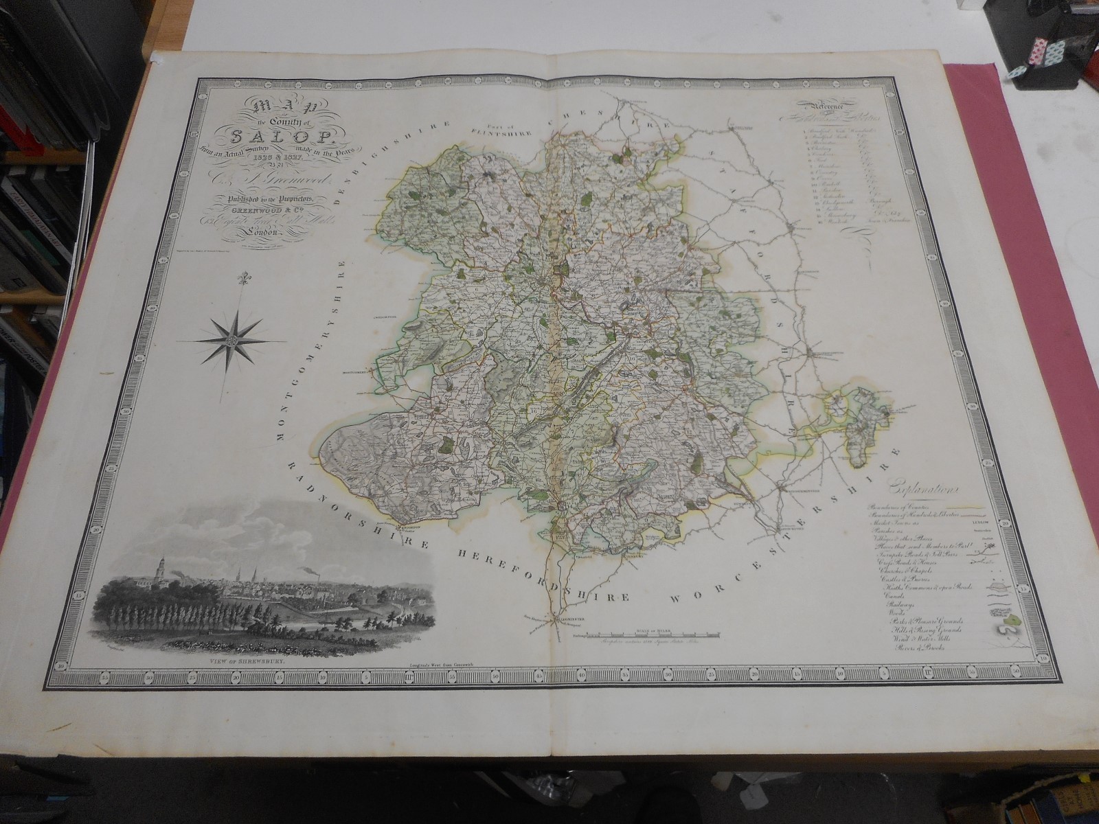 100% ORIGINAL LARGE SHROPSHIRE MAP BY GREENWOOD C1834 ORIGINAL COLOUR 