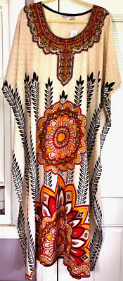 NEW   MUMU 2X 3X SANTE KAFTAN CAFTAN HOUSE DRESS BLACK LEAVES ORANGE FLOWER #HJ