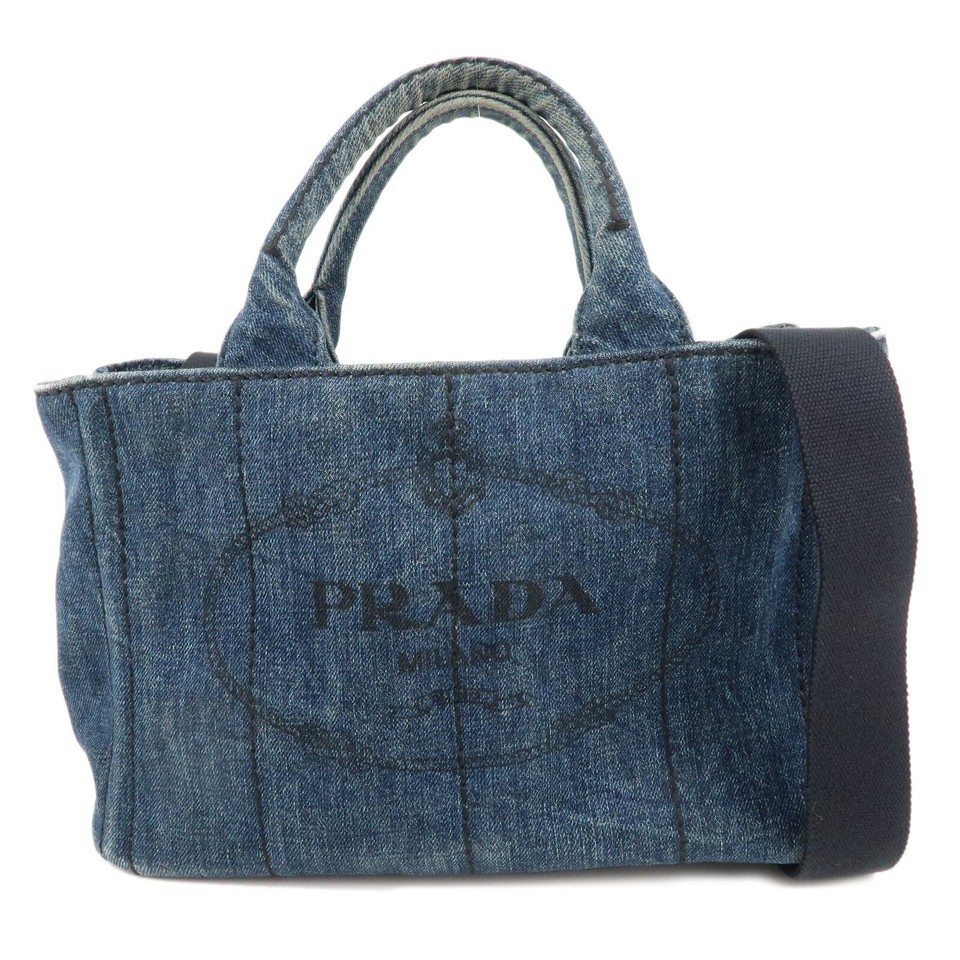 PRADA Logo Canapa Mini 2Way Bag Hand Bag Navy Denim B2439G Auth Used