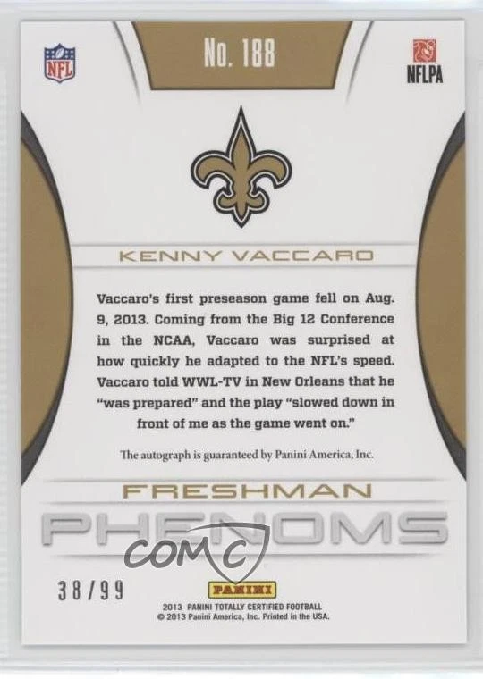 2013 Panini Totally Certified Red /99 Kenny Vaccaro #188 Rookie Auto RC - Image 2 of 2