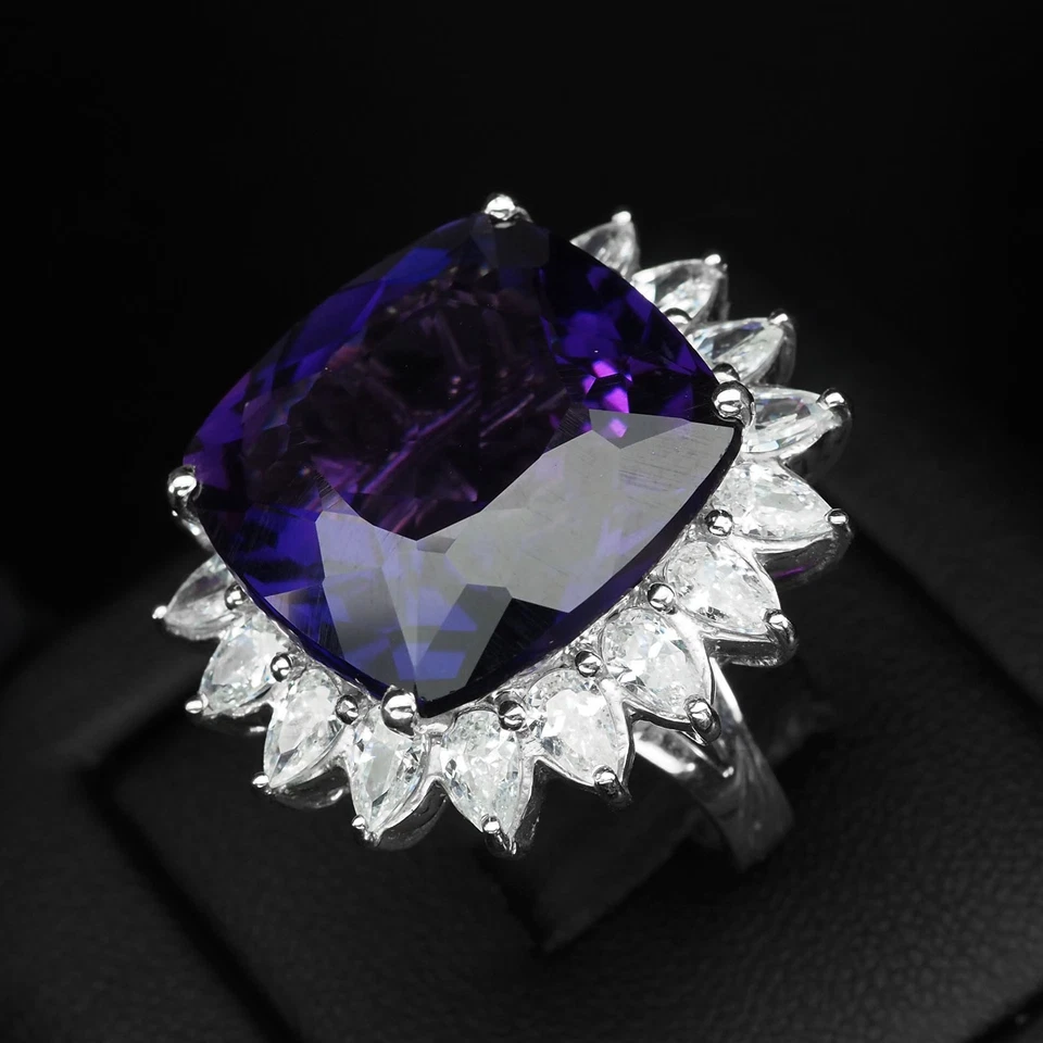 Cuscino ametista viola fluo 25,50 ct argento sterling 925 anelli floreali... - Immagine 4 di 4