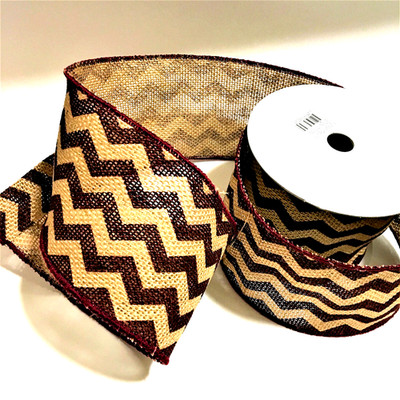 4'' Wide Burlap Fabric Wired Ribbon Spool 100% Jute 10 Yards Wavy Zic Zac Print