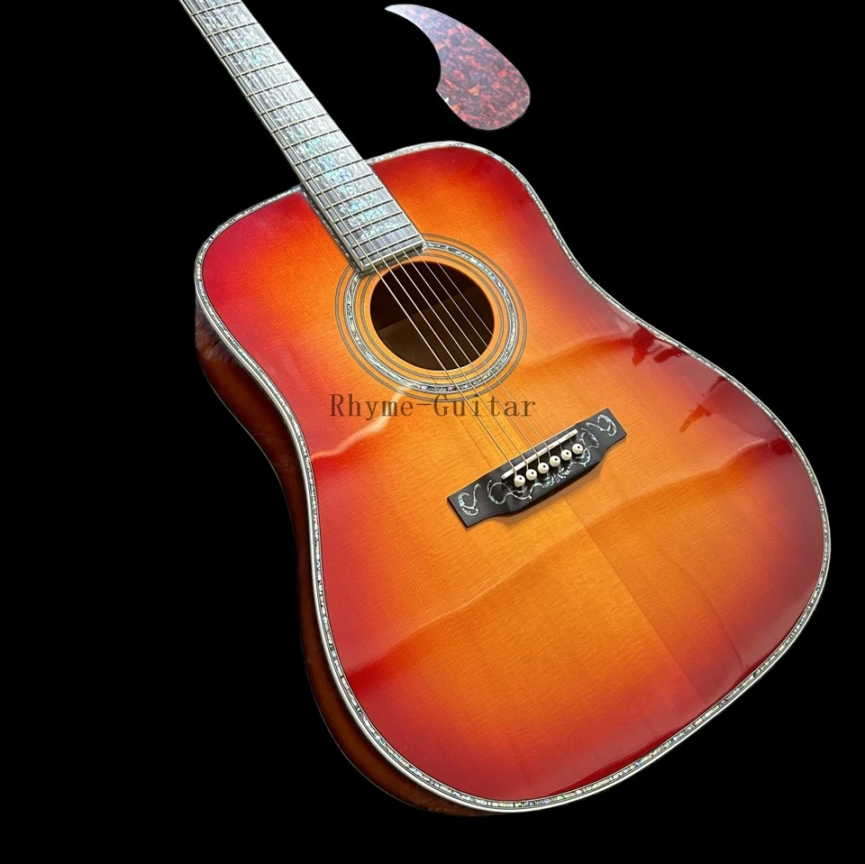 Abalone Flower Cherry Sunburst D45 Acoustic Guitar Spruce Top Quilted Maple Back - Image 2 of 4
