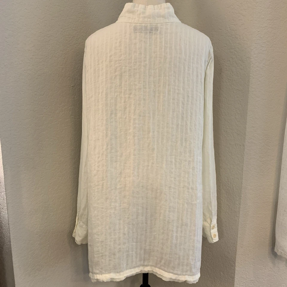 FLAX 100% 亚麻束腰高领象牙色女式 L L Lagenlook 波西米亚 — 第 3/4 张图片