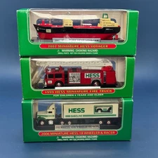 Lot of 3 Hess Miniatures - Fire Truck, 18 Wheeler & Racer, Voyager Steamship