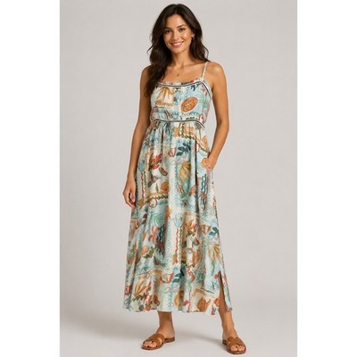 Blu Pepper Tropical Postcard Fruit Print Midi Dress Small Braided Trim