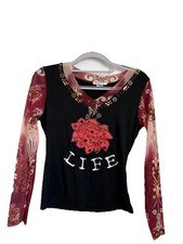 Black And Red Long Sleeve Top With Mesh Sleeves And Beads
