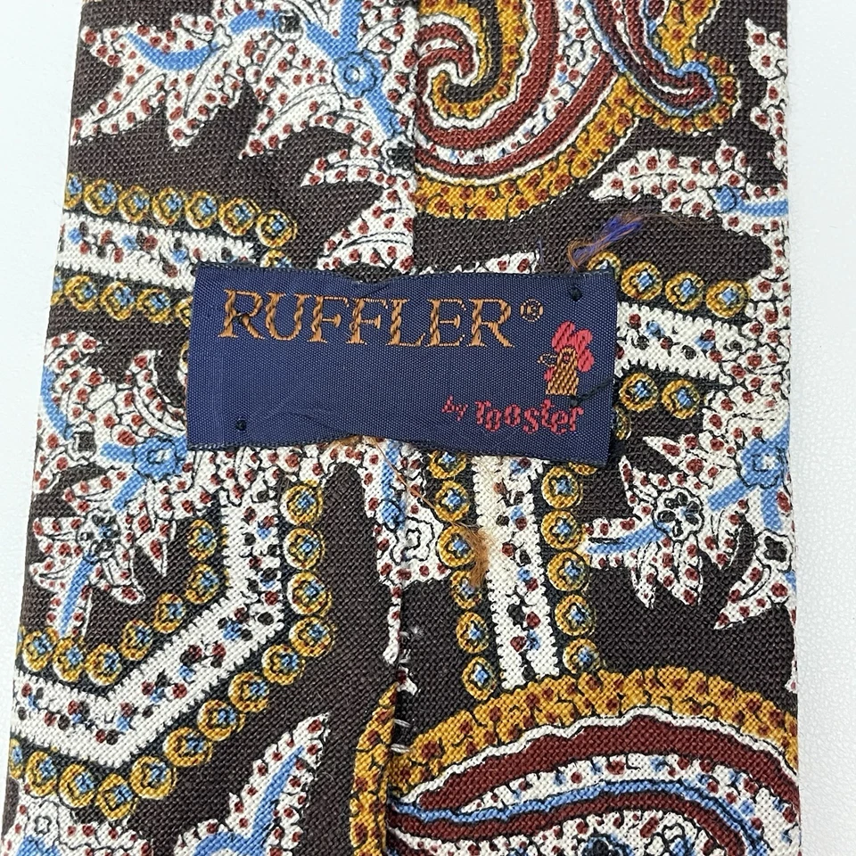 Винтажный галстук Ruffler от Rooster с узором пейсли 4 дюйма x 58 дюймов 100% лен коричневый синий - Изображение 4 из 4