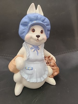 White And Blue Bunny Rabbit 11'' With Basket And Three Little Bunnies