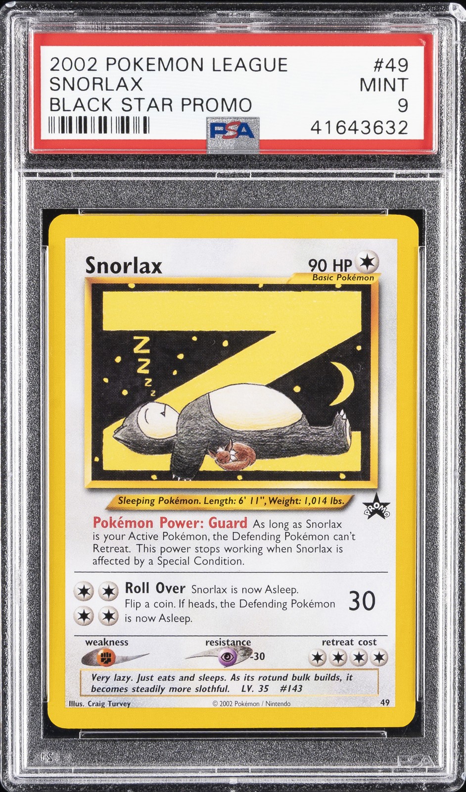2002 POKEMON LEAGUE PROMO BLACK STAR #49 SNORLAX PSA 9