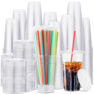 500 Sets 32 oz Clear Plastic Cups with Lids and Individually Wrapped Straws D...