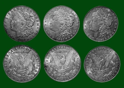 3 1921 Morgan Silver Dollars PDS Fine-Very-Fine-Extra-Fine Circulated Condition
