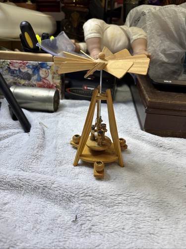 Sm Vtg German wood musical angel pyramid 3 candle missing 1 instrumt single tier
