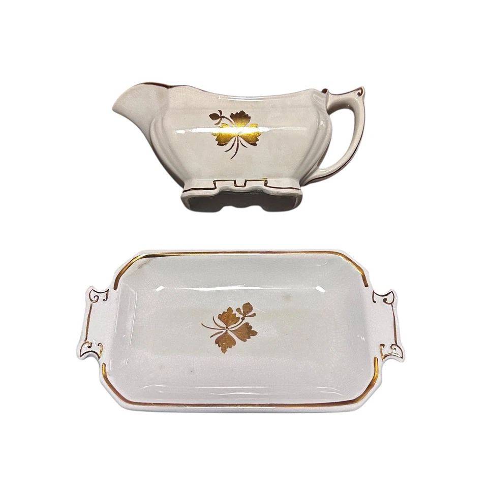 Alfred Meakin Royal Ironstone China Gold Leaf Gravy Boat Bowl Tray England 1890s - Image 4 of 4