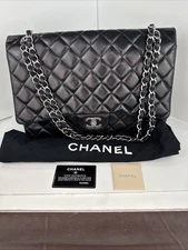CHANEL Maxi Double Flap Leather Shoulder Bag Black Lamb Skin Leather 