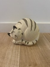 Resin Cat Ornament Sleeping Chunky Cat Figurine Grey Striped 7” Heavy Home Decor