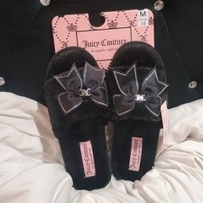 New Juicy Couture Black Bow Soft Inside/Outside Slippers Rubber Bottom Size 7/8