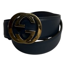 Gucci Interlocking G Belt Navy Blue Leather Gold Buckle 546386 Men 85 34