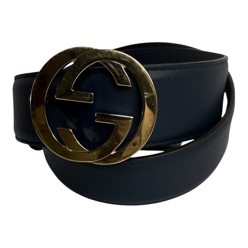 Gucci Interlocking G Belt Navy Blue Leather Gold Buckle 546386 Men 85 34