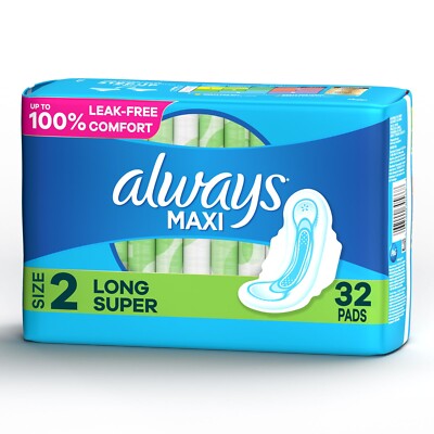 Always Maxi Pads Super Long Flexi Wings 8HR Leakguard Protection 32 Count