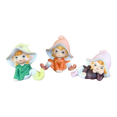 Vintage HOMCO Pixie Elves Fairy Figurines Set Lot Mushroom Hat Red Hair Purple