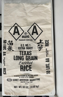 AA Brand Texas Long Grain Rice EMPTY Vintage White Canvas Bag 50 lb Sack Chinese