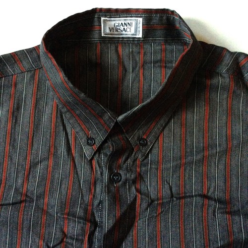 GIANNI VERSACE MADE IN ITALY Men's Designer Collar Striped Shirt Size 52 Gray - Picture 5 of 5