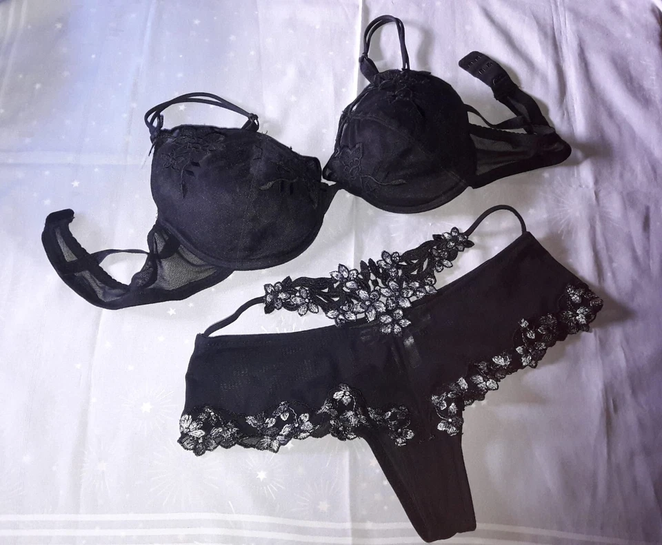 Sexy Damen Dessous Reizwäsche Set, Größe36 Schwarz mit Weiße Stickerei/ Neu - Bild 3 von 3