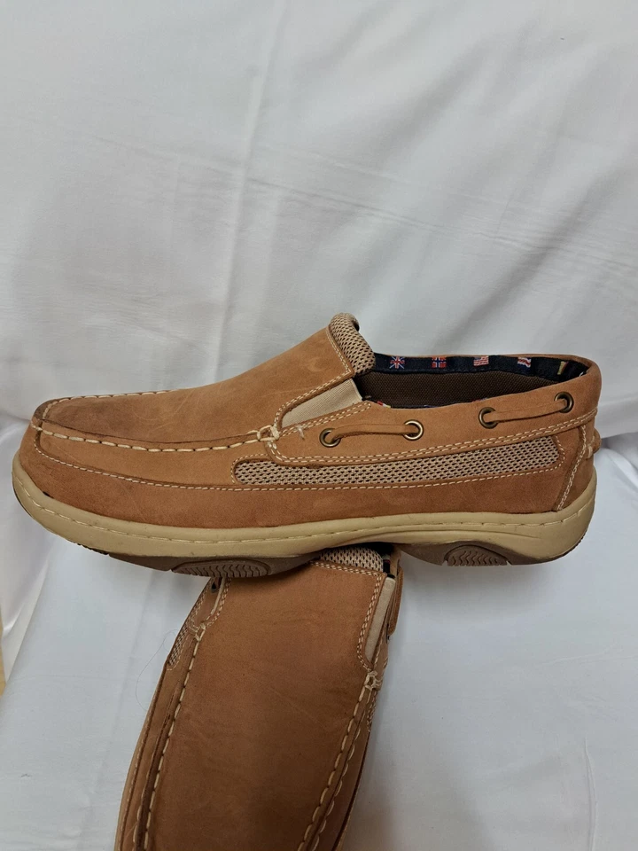 REEL LEGENDS Zapatos de Barco Para Hombre Talla 13W Catamarán Sin Cordones Cuero Tostado M419 Foto 2 de 4