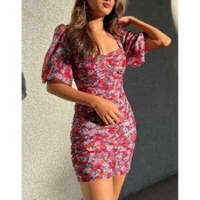 Zara Dress Womens XS Floral Print Puff Sleeve Ruched Draping Mini Blogger Fave