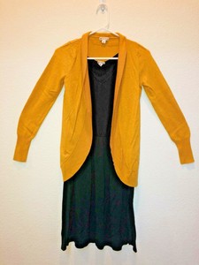 black dress with yellow cardigan